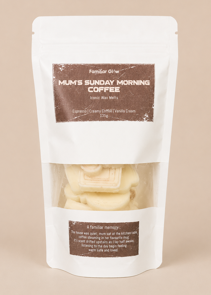 Mum's Sunday Morning Coffee nostalgic Iconic wax melt pouch from Familiar Glow