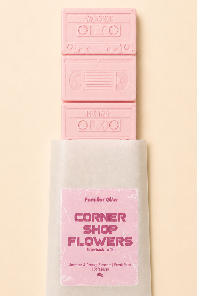 Corner Shop Flowers nostalgic cassette tape wax melt snap bar from Familiar Glow