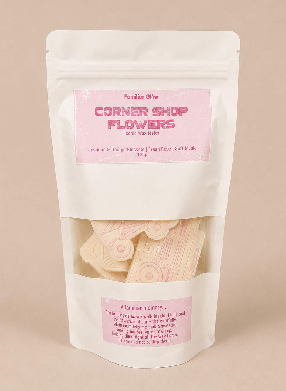 Corner Shop Flowers nostalgic Iconic wax melt pouch from Familiar Glow