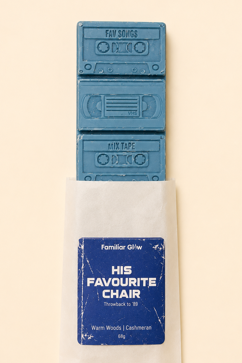 His Favourite Chair nostalgic cassette tape wax melt snap bar from Familiar Glow