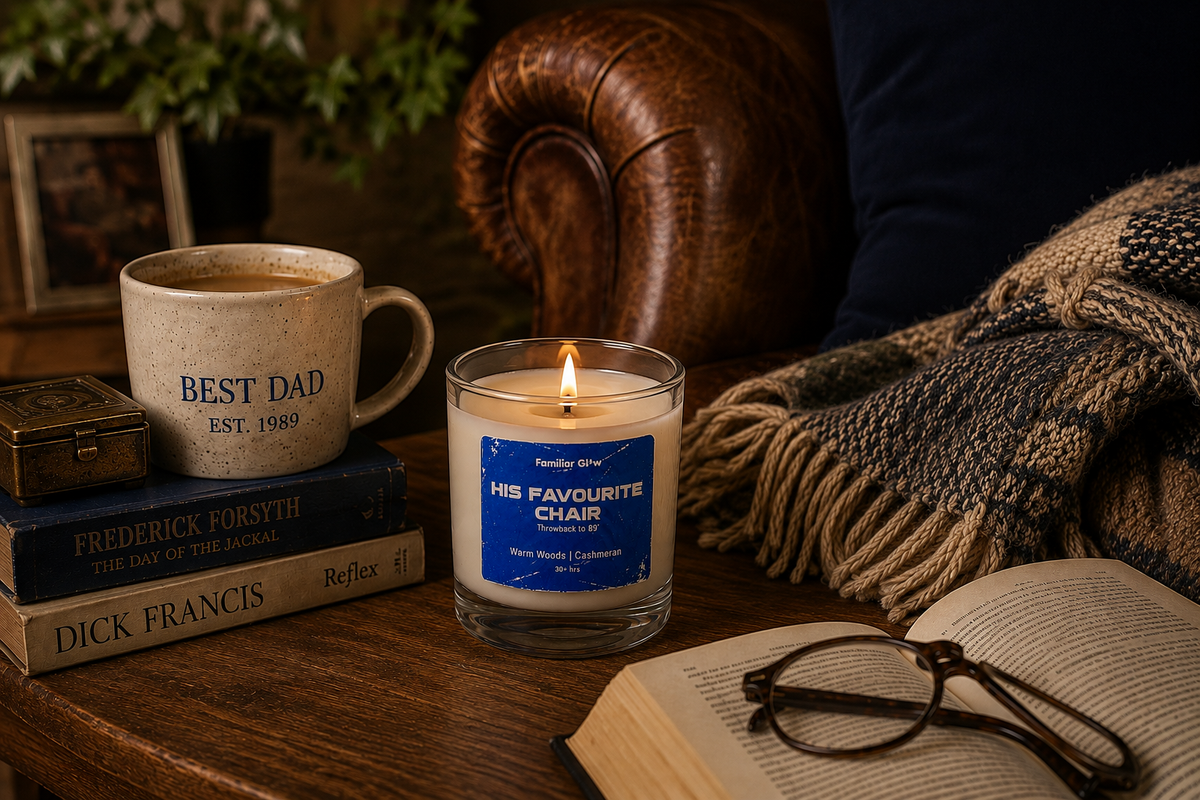 Familiar Glow scented candle burning with an even melt pool