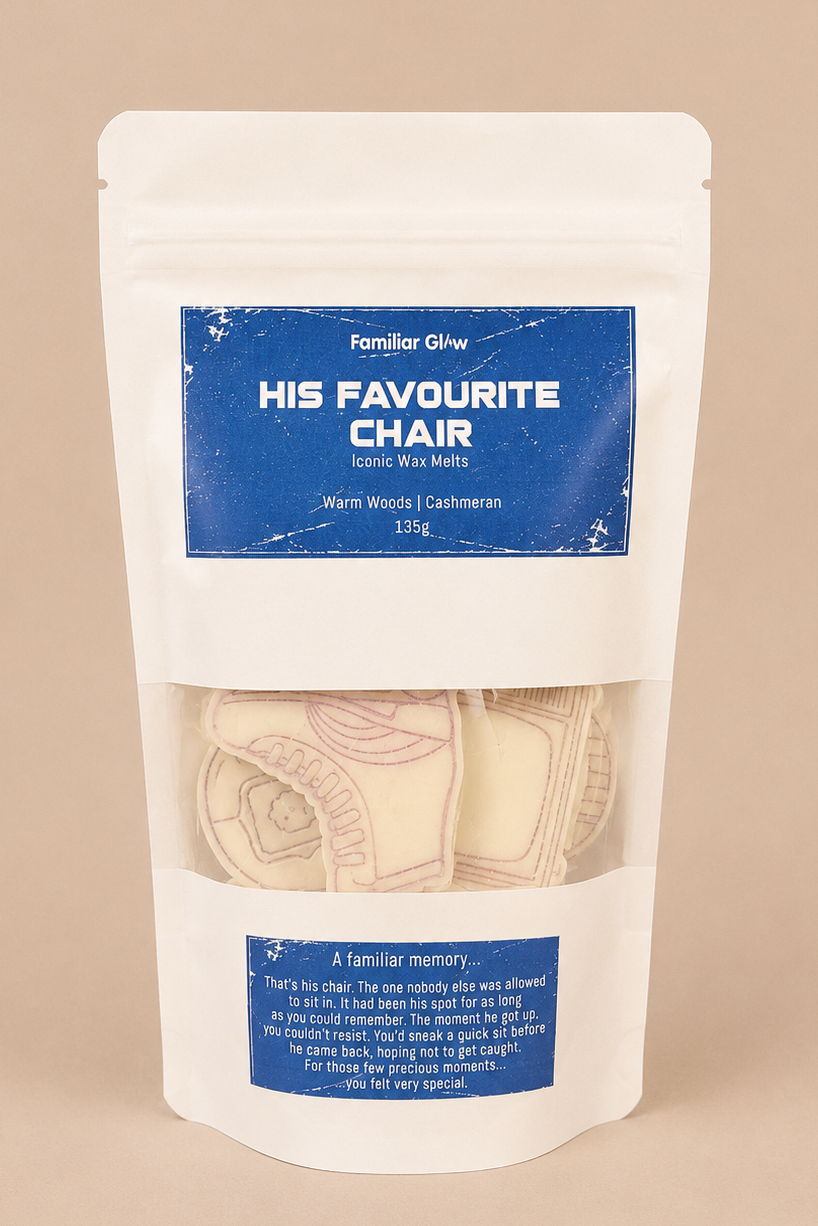 His Favourite Chair nostalgic Iconic wax melt pouch from Familiar Glow