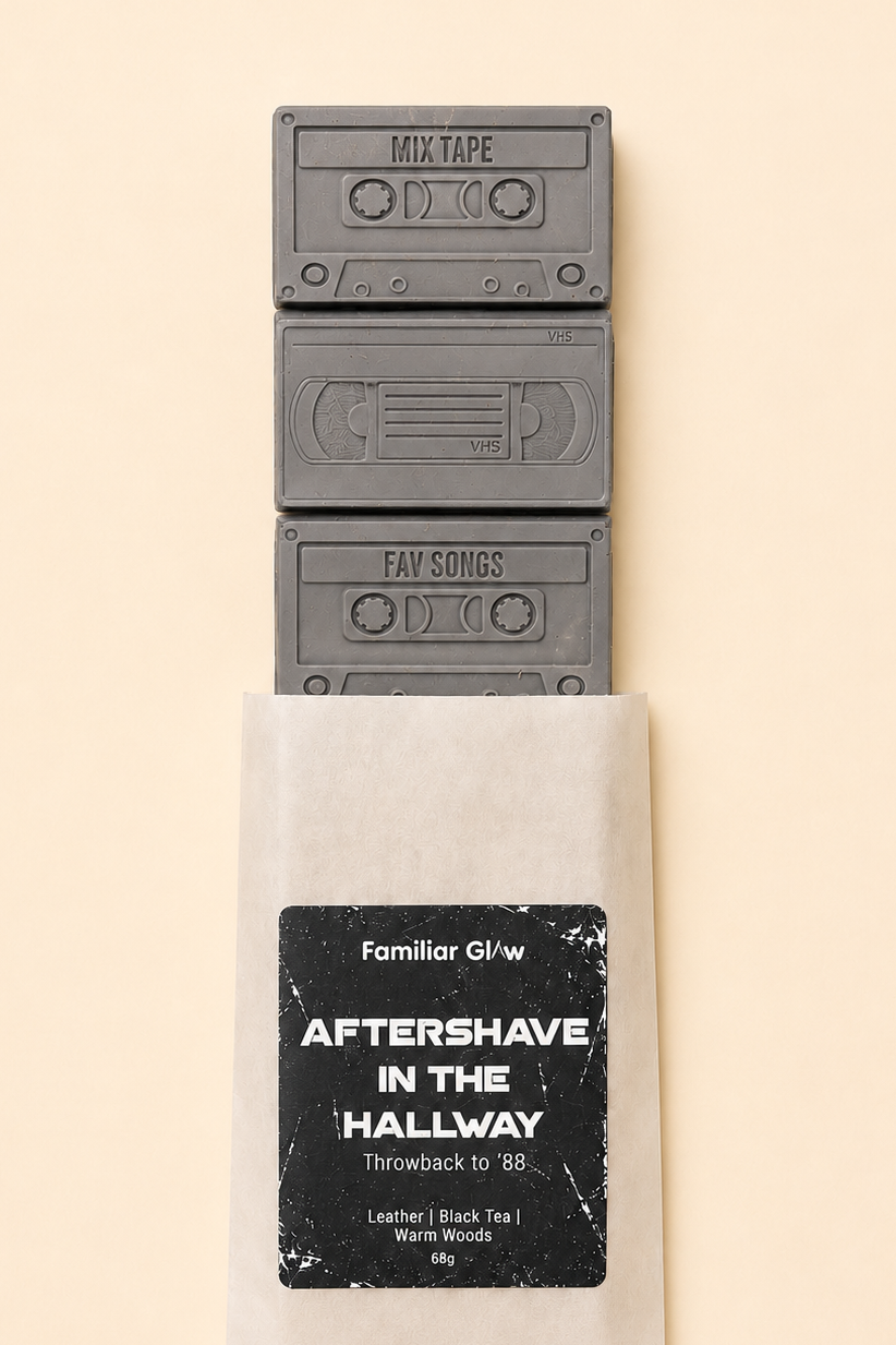 Aftershave in the Hallway nostalgic cassette tape wax melt snap bar from Familiar Glow