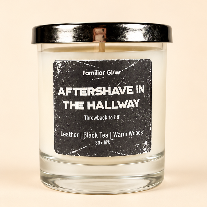 Aftershave in the Hallway nostalgic scented candle from Familiar Glow