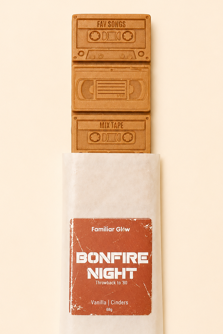 Bonfire Night nostalgic cassette tape wax melt snap bar from Familiar Glow